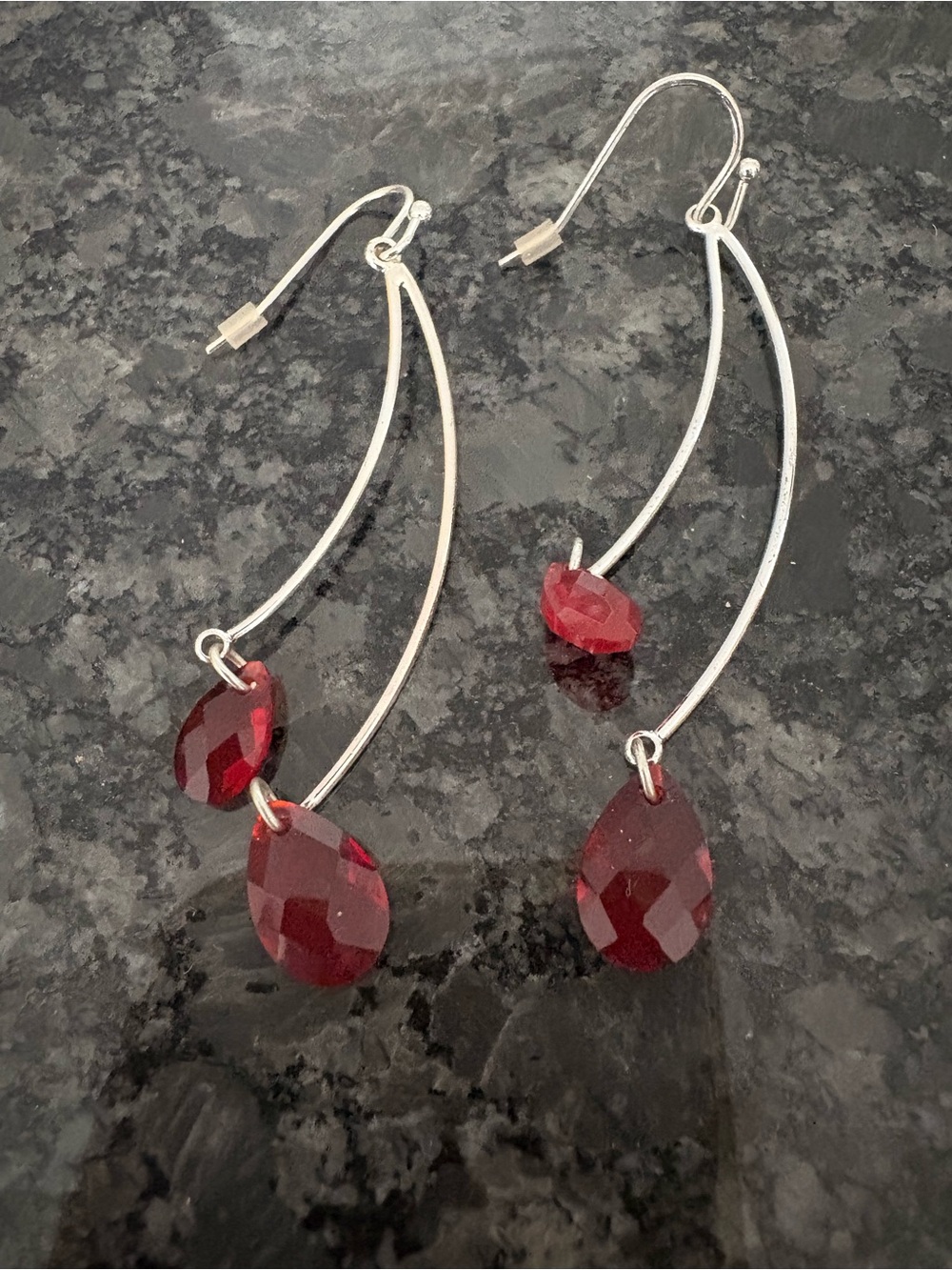 Red Teardrop Dangle Earrings - Silver Tone
